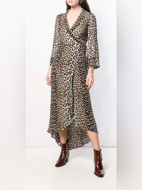Ganni Mullin Wrap Leopard Print Long Sleeve Dress Small